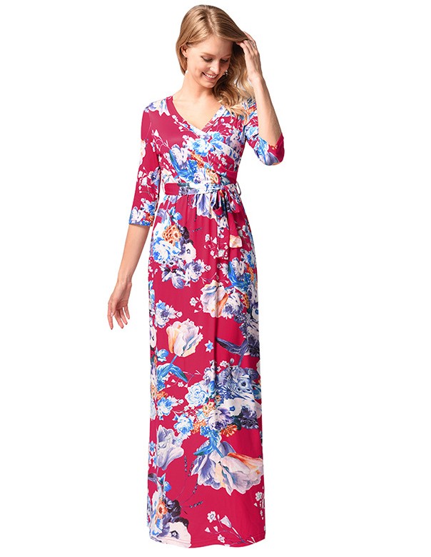 SZ60136-1 Floral Print Long Dress Short Sleeve Empire Flower Maxi Dresses